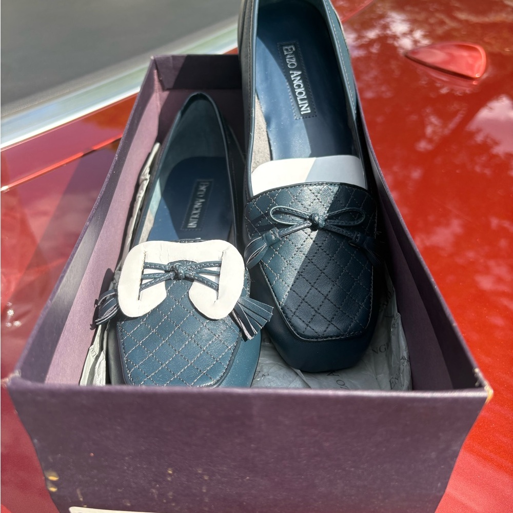 Enzo Angiolini Blue and White Quilted Loafers